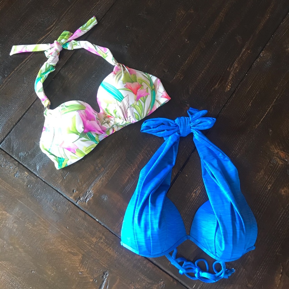 Two bikini tops, Victoria’s Secret and Hurley.